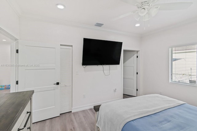 1941 NW 151st St, Miami Gardens, FL 33054 - bedroom featuring light wood-type flooring, crown molding, recessed lighting, and ceiling fan