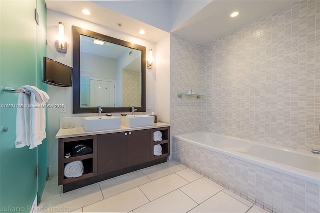 5300 NW 87th Ave Unit 1201, Doral, FL 33178 - full bathroom featuring tiled bath, double vanity, tile patterned flooring, and recessed lighting