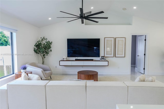1149 SE Sandia Dr, Port St Lucie, FL 34983 - living room with lofted ceiling, a ceiling fan, and recessed lighting