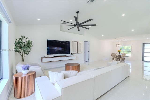 1149 SE Sandia Dr, Port St Lucie, FL 34983 - living area featuring ceiling fan, lofted ceiling, and recessed lighting