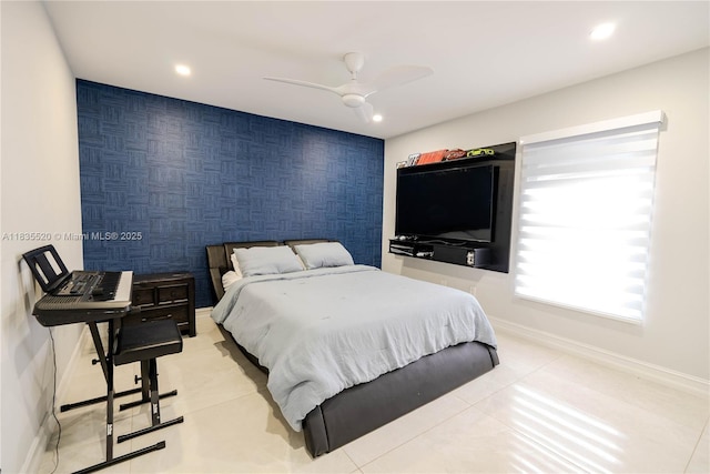 1149 SE Sandia Dr, Port St Lucie, FL 34983 - bedroom with an accent wall, recessed lighting, and a ceiling fan