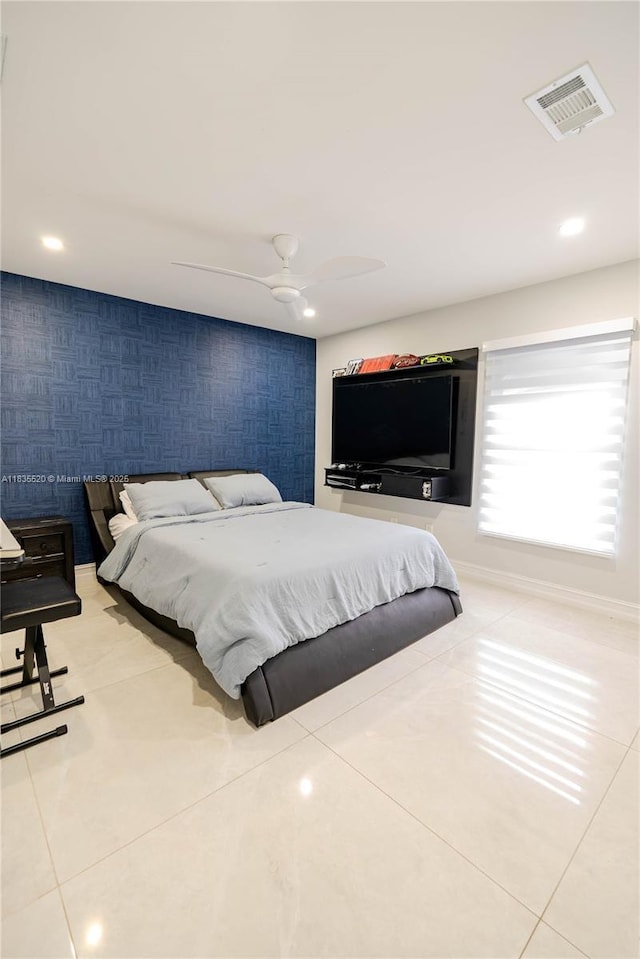 1149 SE Sandia Dr, Port St Lucie, FL 34983 - tiled bedroom with a ceiling fan and recessed lighting