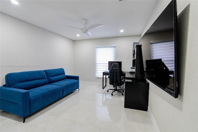 1149 SE Sandia Dr, Port St Lucie, FL 34983 - home office with recessed lighting, a ceiling fan, and light tile patterned flooring
