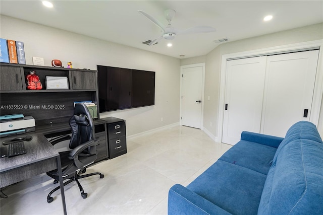 1149 SE Sandia Dr, Port St Lucie, FL 34983 - office area with recessed lighting, light tile patterned floors, and a ceiling fan