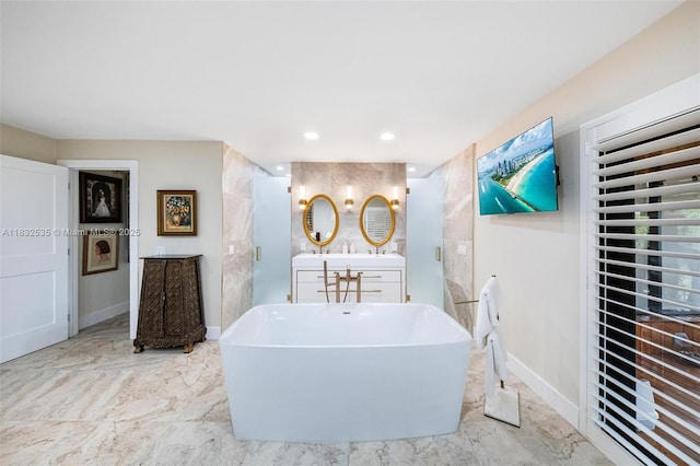 10321 SW 102nd Ave, Miami, FL 33176 - full bath featuring marble finish flooring, a freestanding bath, a shower stall, vanity, and recessed lighting