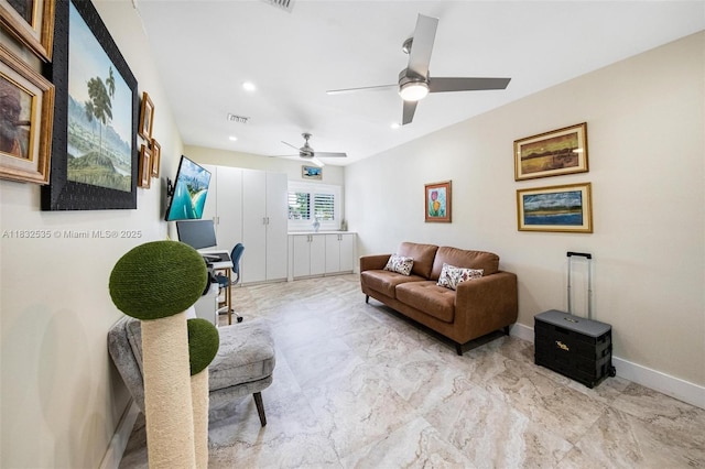 10321 SW 102nd Ave, Miami, FL 33176 - living area with ceiling fan, recessed lighting, light marble finish floors, and a desk