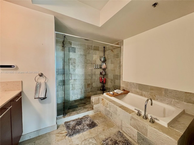 2641 N Flamingo Rd Unit 605N, Sunrise, FL 33323 - full bathroom with a bath, a shower stall, stone tile floors, and vanity