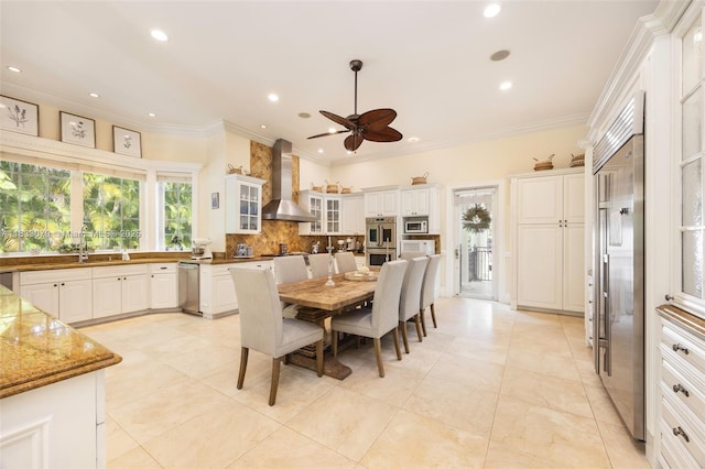 7245 SW 104th St, Pinecrest, FL 33156 - dining area with crown molding, a ceiling fan, and recessed lighting
