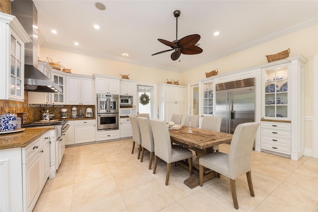7245 SW 104th St, Pinecrest, FL 33156 - dining area featuring a ceiling fan, crown molding, recessed lighting, and light tile patterned floors