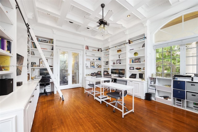 7245 SW 104th St, Pinecrest, FL 33156 - home office featuring french doors, beamed ceiling, wood finished floors, a ceiling fan, and coffered ceiling