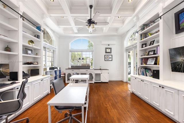 7245 SW 104th St, Pinecrest, FL 33156 - office area featuring ceiling fan, dark wood-type flooring, beamed ceiling, ornamental molding, and coffered ceiling