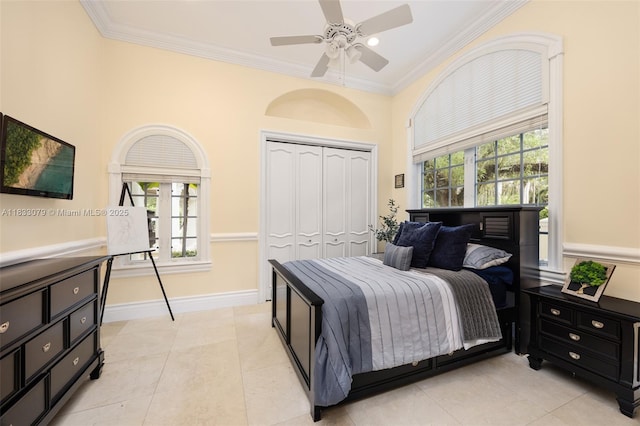7245 SW 104th St, Pinecrest, FL 33156 - bedroom featuring crown molding, a closet, ceiling fan, and light tile patterned floors