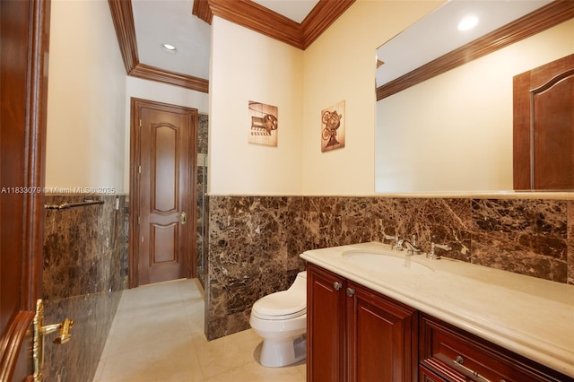 7245 SW 104th St, Pinecrest, FL 33156 - bathroom with tile walls, crown molding, a wainscoted wall, vanity, and tile patterned flooring