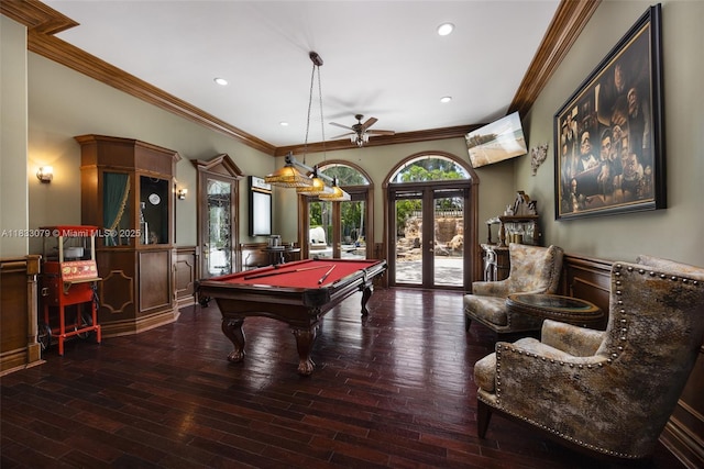 7245 SW 104th St, Pinecrest, FL 33156 - rec room with ceiling fan, crown molding, billiards table, wood finished floors, and recessed lighting