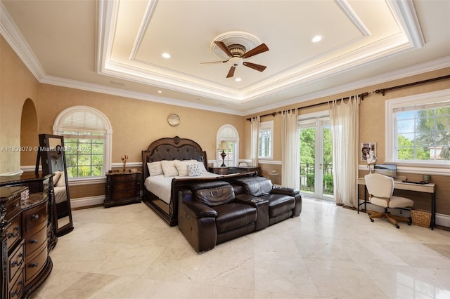 7245 SW 104th St, Pinecrest, FL 33156 - bedroom with a tray ceiling, multiple windows, access to exterior, crown molding, and ceiling fan