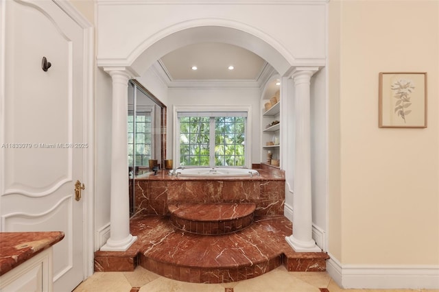 7245 SW 104th St, Pinecrest, FL 33156 - bathroom with decorative columns, crown molding, a garden tub, vanity, and recessed lighting