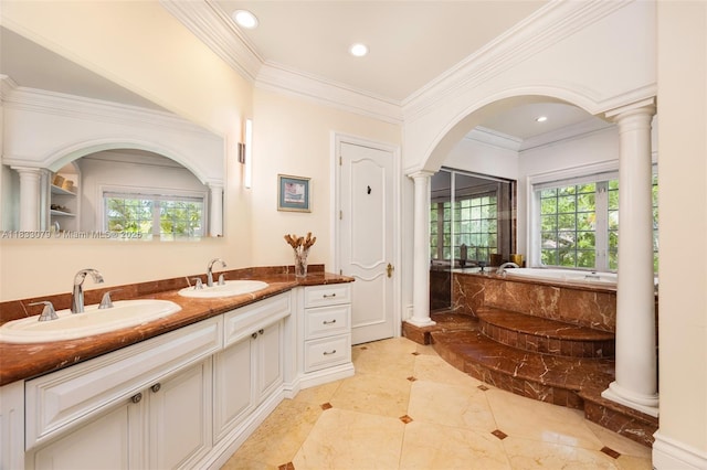 7245 SW 104th St, Pinecrest, FL 33156 - full bathroom with a bath, decorative columns, double vanity, ornamental molding, and recessed lighting