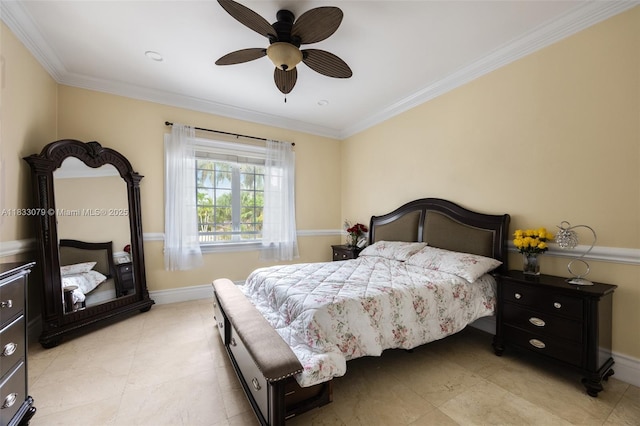 7245 SW 104th St, Pinecrest, FL 33156 - bedroom with ornamental molding, a ceiling fan, and light tile patterned floors
