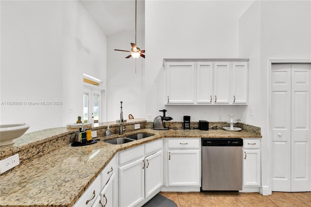 334 Colony St, Kissimmee, FL 34758 - kitchen with dishwasher, high vaulted ceiling, french doors, light tile patterned floors, and a ceiling fan