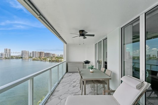 18100 N Bay Rd Unit 1108, Sunny Isles Beach, FL 33160 - balcony featuring a ceiling fan, a water view, and a view of skyline