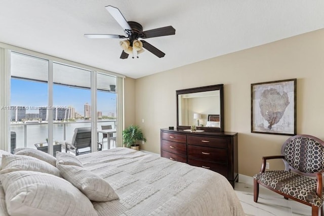 18100 N Bay Rd Unit 1108, Sunny Isles Beach, FL 33160 - bedroom with a wall of windows, access to outside, ceiling fan, and a water view