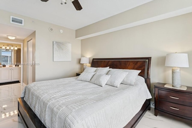 18100 N Bay Rd Unit 1108, Sunny Isles Beach, FL 33160 - bedroom featuring light marble finish flooring, a ceiling fan, and ensuite bathroom