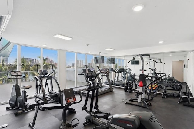 18100 N Bay Rd Unit 1108, Sunny Isles Beach, FL 33160 - gym with plenty of natural light, floor to ceiling windows, and recessed lighting