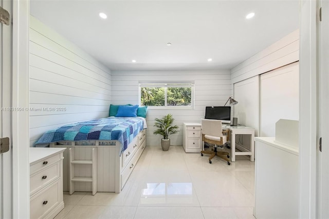 9720 SW 140th St, Miami, FL 33176 - bedroom with an office area, light tile patterned flooring, wooden walls, and recessed lighting