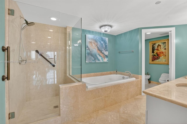 200 E Palmetto Park Rd Unit 714, Boca Raton, FL 33432 - bathroom featuring a stall shower, a garden tub, tile patterned floors, a bidet, and vanity