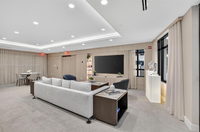 200 E Palmetto Park Rd Unit 714, Boca Raton, FL 33432 - living room with a tray ceiling, light colored carpet, and recessed lighting