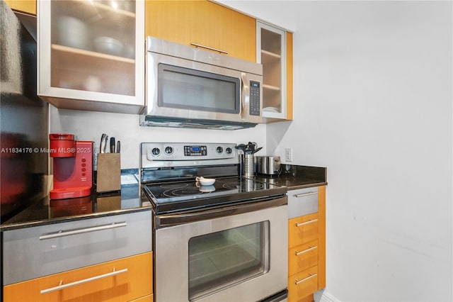 1750 N Bayshore Dr Unit 1611, Miami, FL 33132 - kitchen featuring stainless steel appliances, glass insert cabinets, and dark stone counters