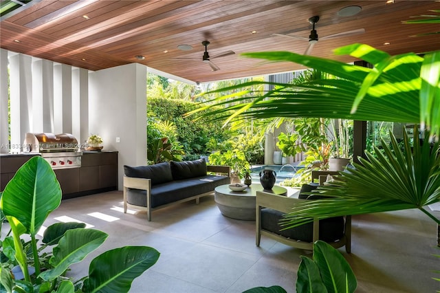 3910 Battersea Rd, Miami, FL 33133 - view of patio featuring ceiling fan, an outdoor kitchen, and an outdoor hangout area