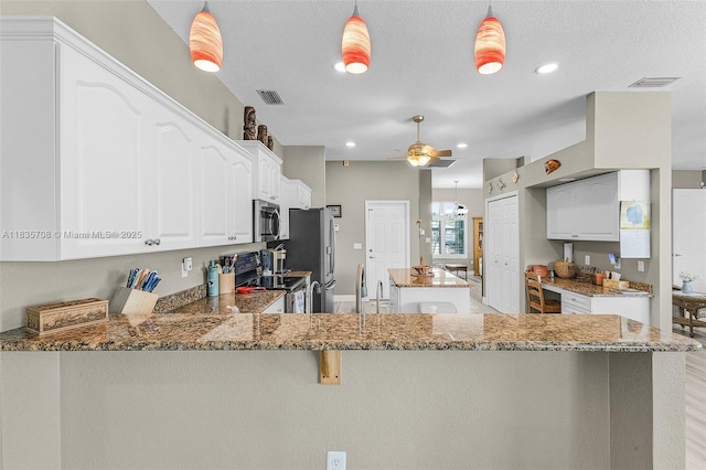 7130 Scarlet Sage Ct, Punta Gorda, FL 33955 - kitchen with stainless steel appliances, a ceiling fan, a peninsula, stone counters, and recessed lighting