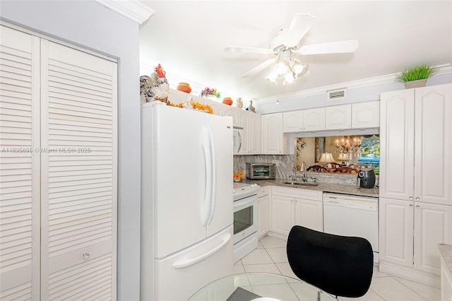 901 Colony Point Cir Unit 107, Pembroke Pines, FL 33026 - kitchen with white appliances, light tile patterned floors, white cabinets, ornamental molding, and ceiling fan