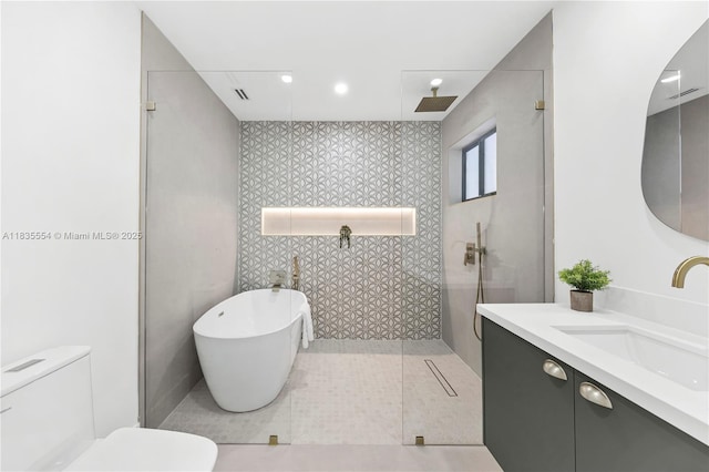 12505 SW 99th Ave, Miami, FL 33176 - bathroom with vanity, a freestanding bath, a walk in shower, and tile patterned flooring