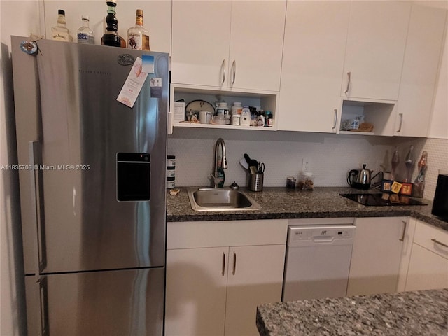 349 Meridian Ave Unit B103, Miami Beach, FL 33139 - kitchen with stainless steel fridge with ice dispenser, open shelves, dishwasher, white cabinets, and decorative backsplash
