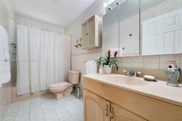 4235 SW 97th Ave, Miami, FL 33165 - bathroom with tile walls, vanity, shower / bathtub combination with curtain, tile patterned floors, and backsplash