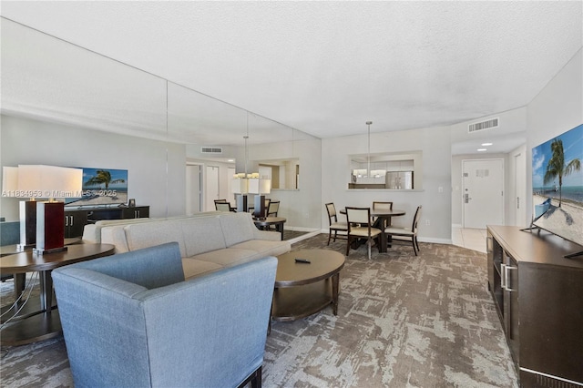 17375 Collins Ave Unit 1004, Sunny Isles Beach, FL 33160 - living area with a chandelier, carpet floors, and a textured ceiling