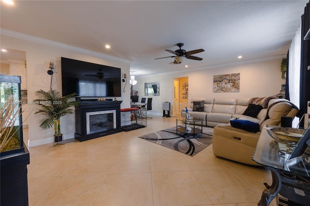 4811 NW 58th St, Tamarac, FL 33319 - living area with a ceiling fan, ornamental molding, recessed lighting, light tile patterned floors, and a glass covered fireplace