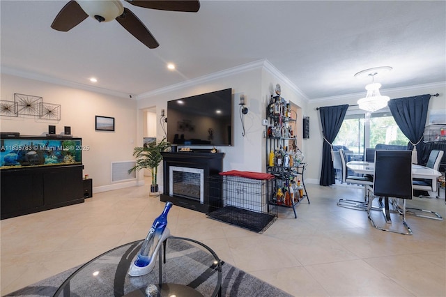 4811 NW 58th St, Tamarac, FL 33319 - tiled living area featuring a ceiling fan, crown molding, a fireplace with flush hearth, and recessed lighting