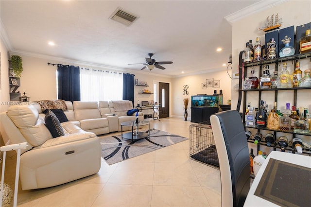 4811 NW 58th St, Tamarac, FL 33319 - living room featuring tile patterned floors, ceiling fan, crown molding, and recessed lighting