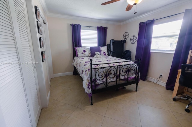4811 NW 58th St, Tamarac, FL 33319 - bedroom featuring ornamental molding, multiple windows, light tile patterned floors, and a ceiling fan