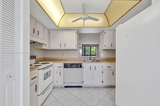 7331 NW 18th St Unit 205, Margate, FL 33063 - kitchen featuring white appliances, a ceiling fan, under cabinet range hood, and light countertops
