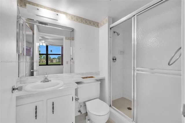 7331 NW 18th St Unit 205, Margate, FL 33063 - bathroom featuring a stall shower, vanity, and a ceiling fan