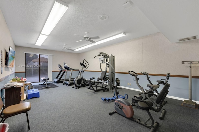 7331 NW 18th St Unit 205, Margate, FL 33063 - gym featuring a textured ceiling and a ceiling fan