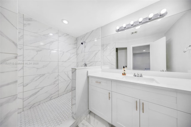 6637 NW 181st Ln, Hialeah, FL 33015 - full bathroom featuring a walk in shower, vanity, marble finish flooring, and recessed lighting