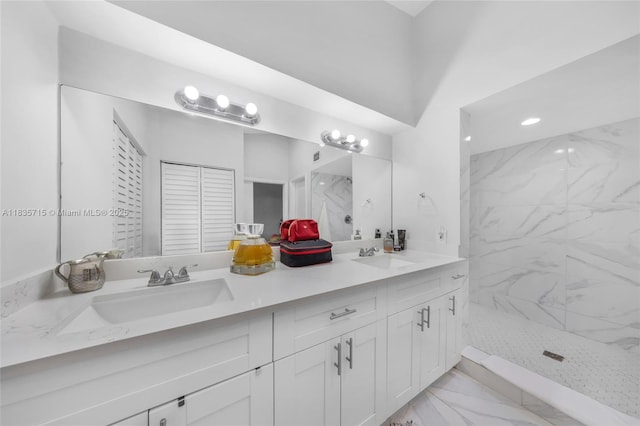 6637 NW 181st Ln, Hialeah, FL 33015 - full bath featuring marble look tiles, double vanity, a marble finish shower, and a closet