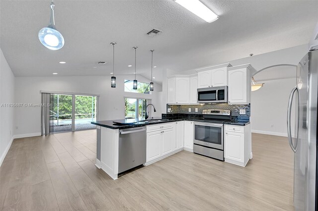 5382 NW 120th Ave, Coral Springs, FL 33076 - kitchen featuring stainless steel appliances, a peninsula, light wood-type flooring, lofted ceiling, and white cabinets