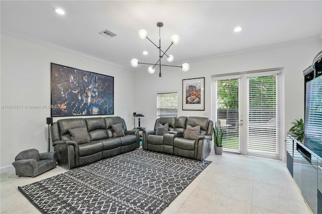 217 SW 11th St, Fort Lauderdale, FL 33315 - tiled living area featuring ornamental molding, a chandelier, and recessed lighting