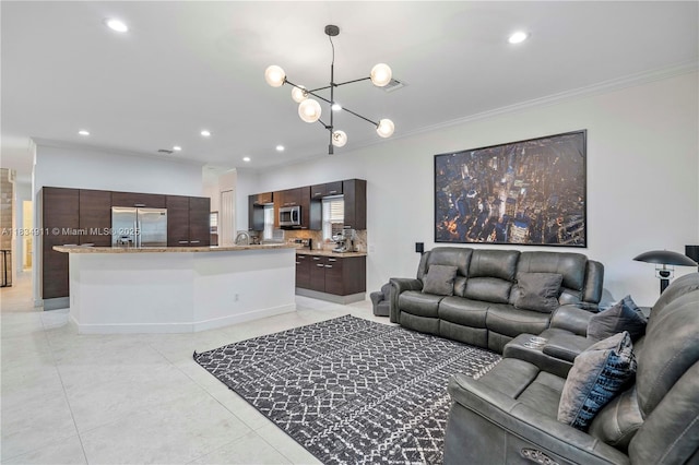 217 SW 11th St, Fort Lauderdale, FL 33315 - living room featuring ornamental molding, light tile patterned floors, a chandelier, and recessed lighting